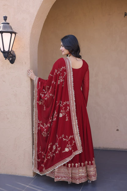 RangBhoomi Premium Maroon Embroidered Faux Blooming Ready‑Made Gown with Dupatta