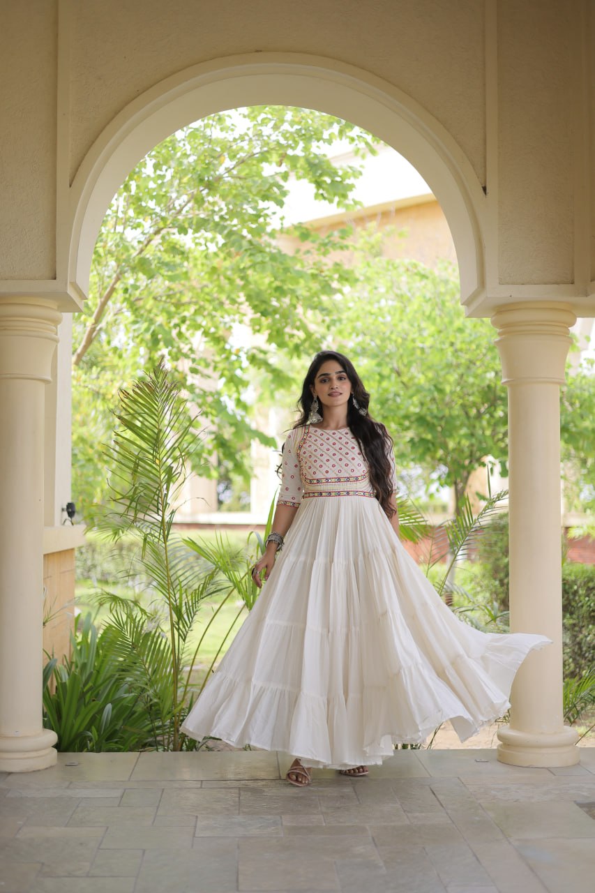 RangBhoomi Navratri Embroidered Kora Cotton Gown — Off-White & Black, 56" Length