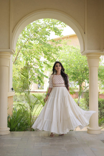 RangBhoomi Navratri Embroidered Kora Cotton Gown — Off-White & Black, 56" Length