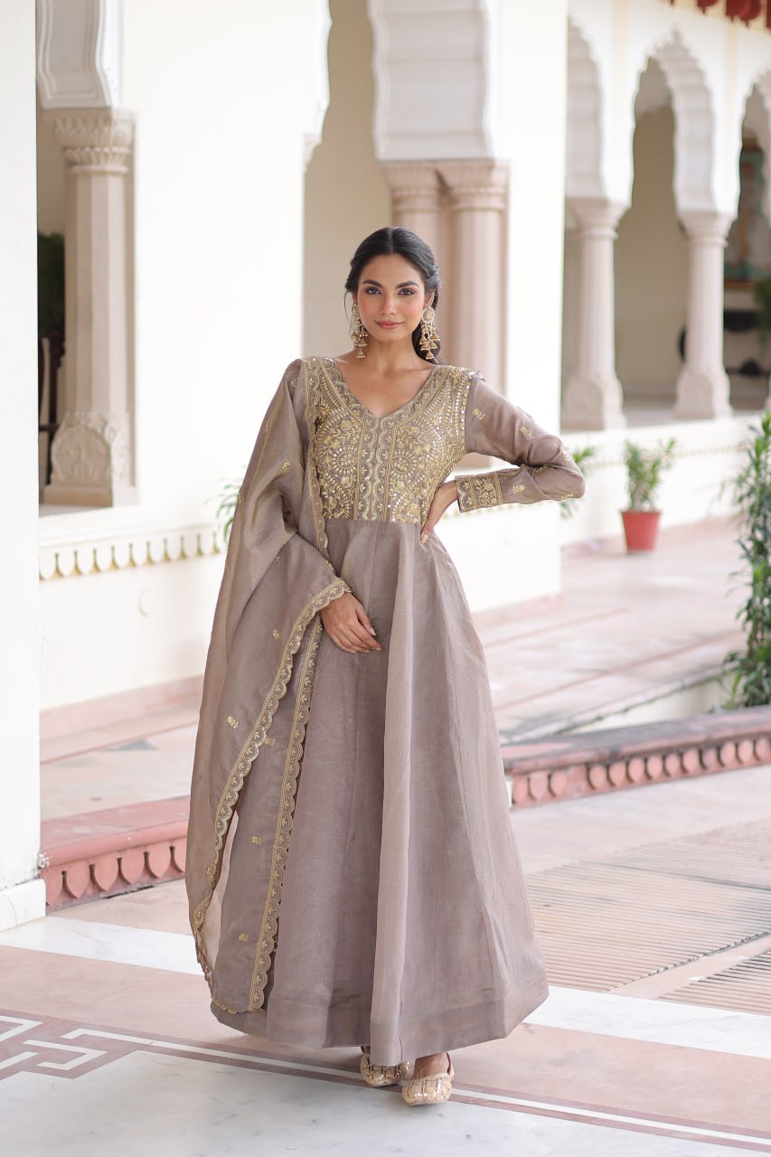 RangBhoomi Premium Ready-Made Gown and Dupatta Set with Elegant Gold Embroidery