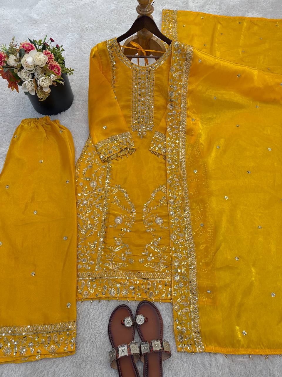 Elegant Designer Ready-to-Wear GMY Silk Three-Piece Set with Heavy Embroidery, Sequins, and Lace Border – Fully Stitched Top, Palazzo, and Dupatta