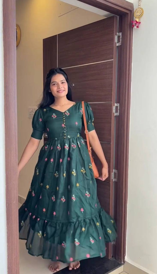 RangBhoomi Summer Floral Embroidered Kota Checks Midi Gown - Soft Kota, Micro Cotton Lining