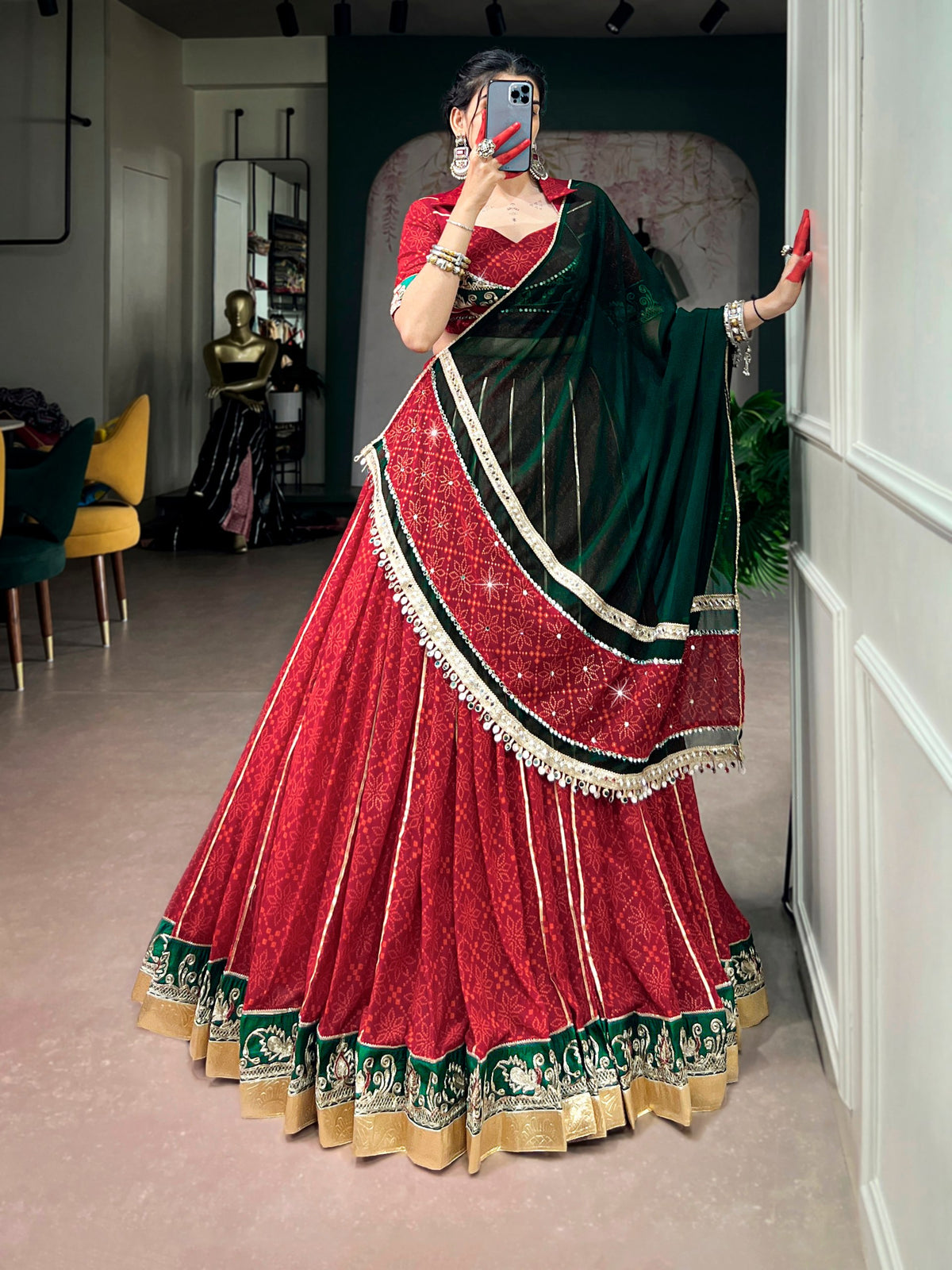 RangBhoomi Navratri 2026 Georgette Bandhej Foil Print Lehenga Set with Mirror Lace Dupatta