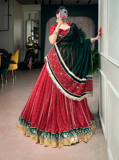 RangBhoomi Navratri 2026 Georgette Bandhej Foil Print Lehenga Set with Mirror Lace Dupatta