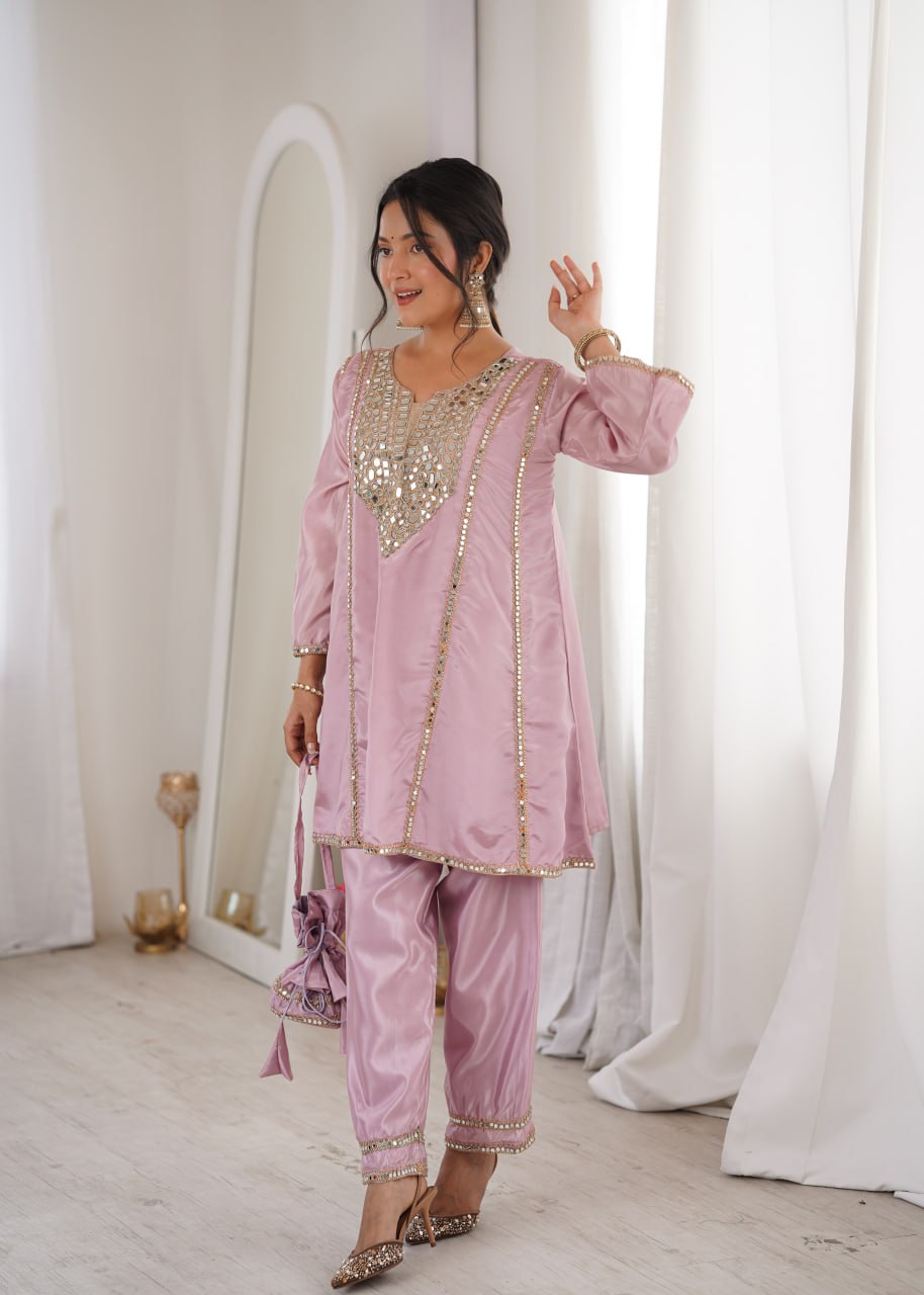 Ready-to-Wear Kurti and Pant Set with Decorative Drawstring Bag - Mirror Embroidered Collection 2026