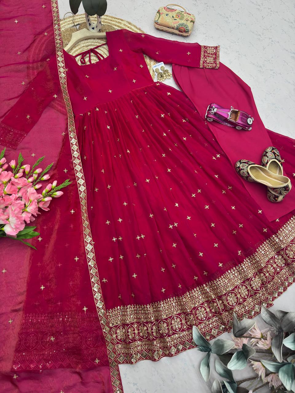 RangBhoomi Designer Party Wear Gown Set — Embroidered Heavy Fandy Silk with Dupatta & Pant