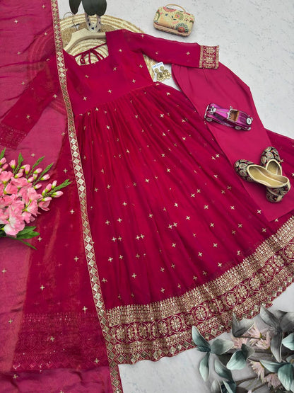 RangBhoomi Designer Party Wear Gown Set — Embroidered Heavy Fandy Silk with Dupatta & Pant