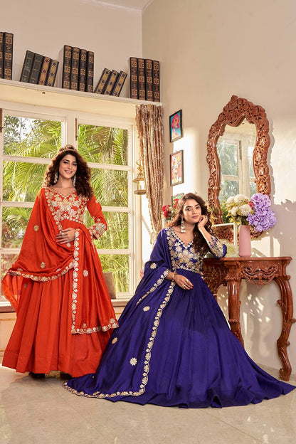 RangBhoomi Exclusive Festival Long Gown and Matching Dupatta Set with Heavy Embroidery