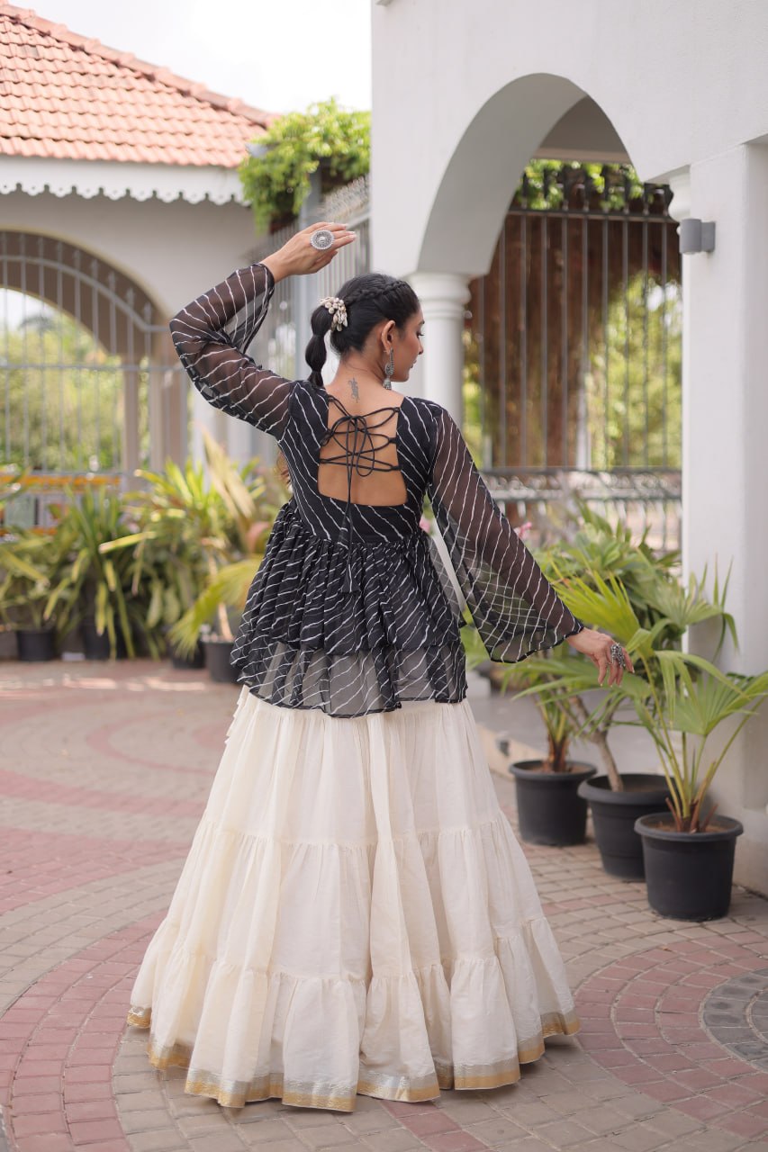 RangBhoomi Navratri Lehenga Choli Set — Kora Cotton Frill with Laheriya Print