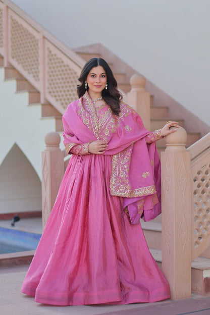 Trending Gold Gown: Crush Fabric, Embroidered Dupatta