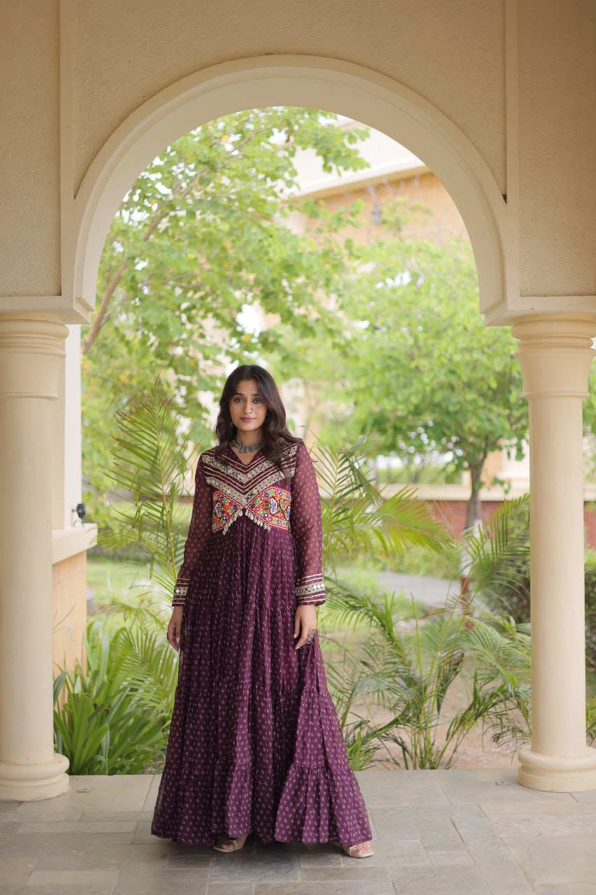 RangBhoomi Bandhani & Kutchi Patchwork Faux Georgette Gown — Navratri Special