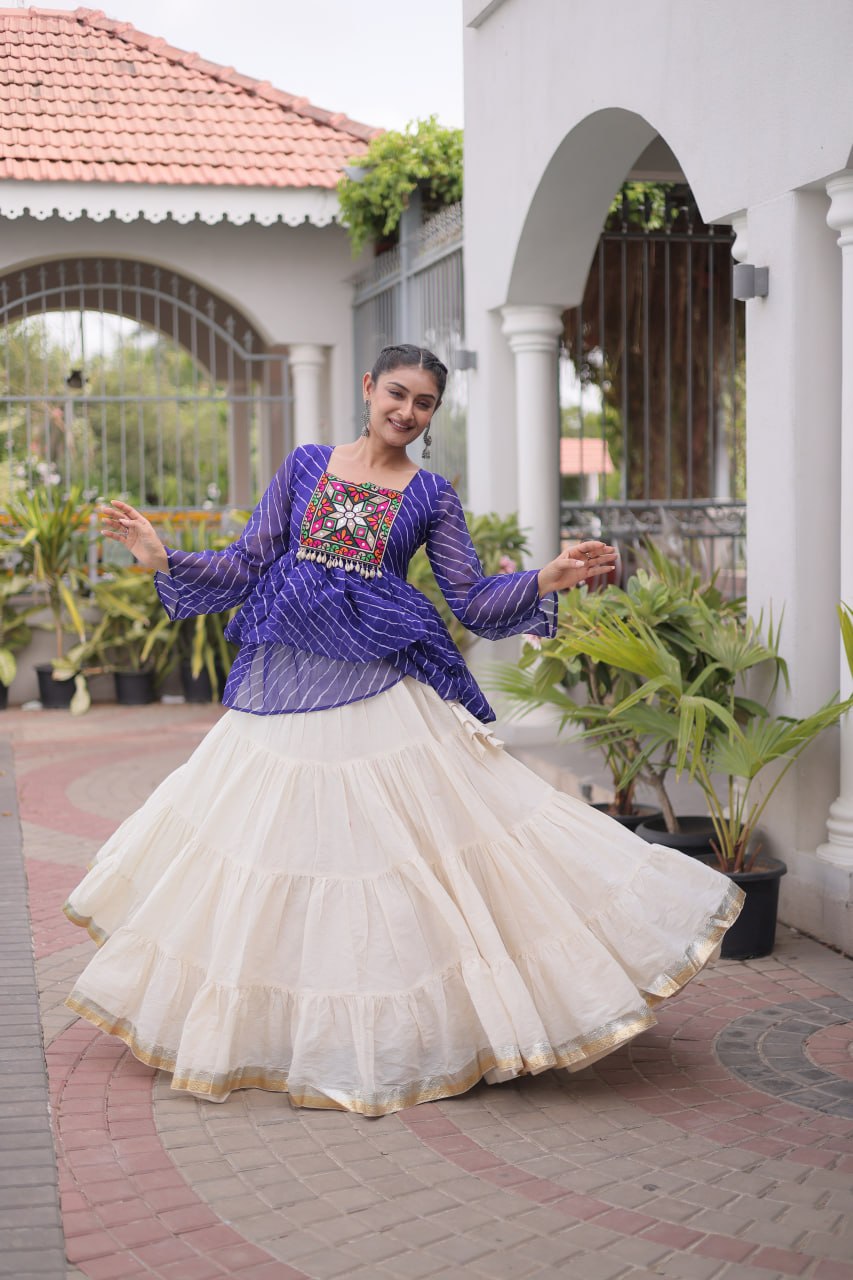 RangBhoomi Navratri Lehenga Choli Set — Kora Cotton Frill with Laheriya Print