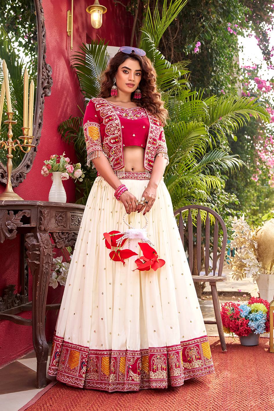 RangBhoomi Elegant Festival Lehenga Choli Set with Embroidered Koti – Pure Vichitra Fabric, Fully Stitched, Multiple Sizes