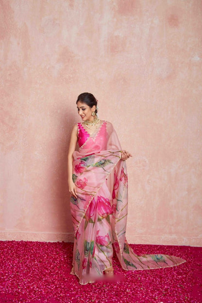 Ready To Wear Organza Silk Saree - Floral Printed