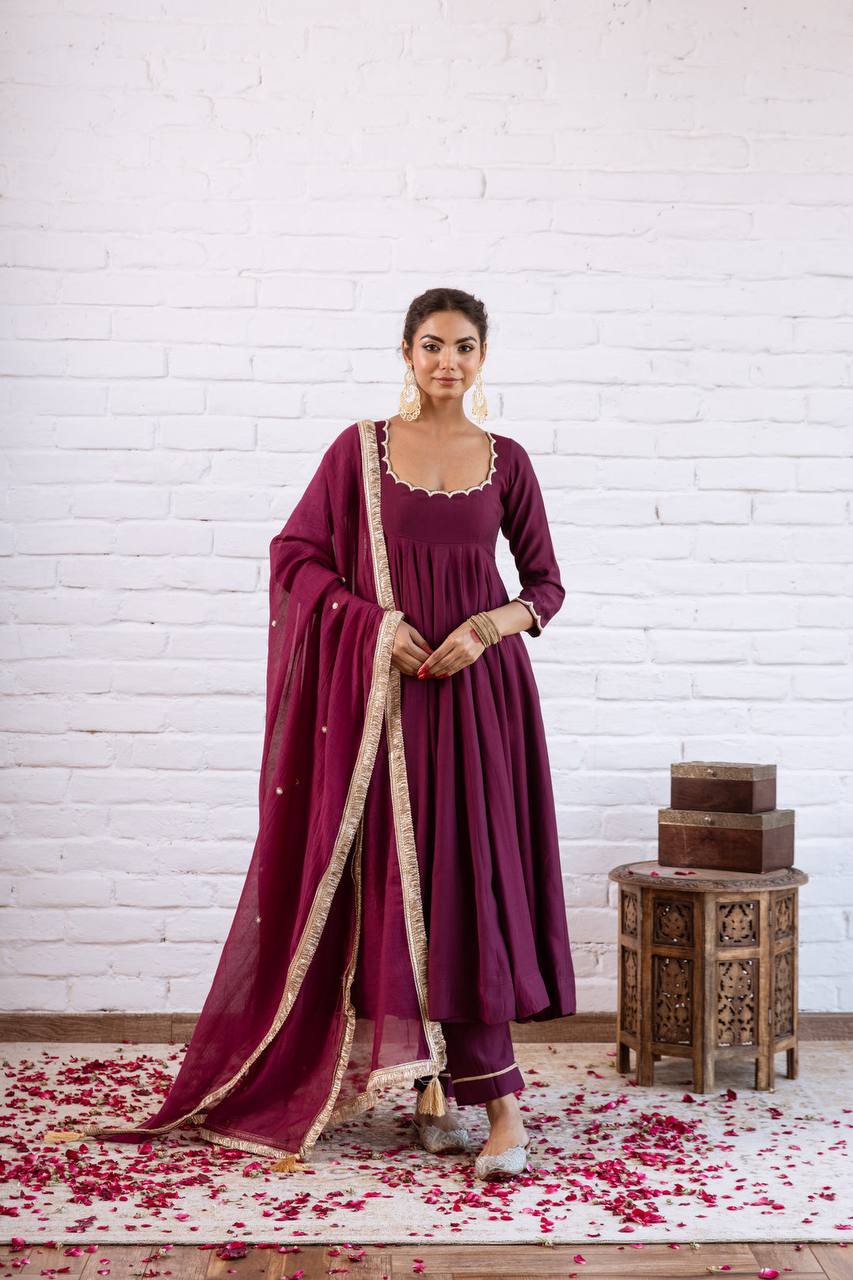 Elegant Anarkali Evening Gown with Beaded Detailing, Full Sleeves, and Vichitra Silk Fabric - Includes Bottom and Dupatta