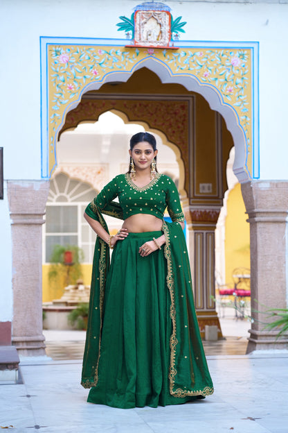 Emerald Royal Elegance – Stunning NC Silk Lehenga with Sequined Embroidery and Elegant Dupatta