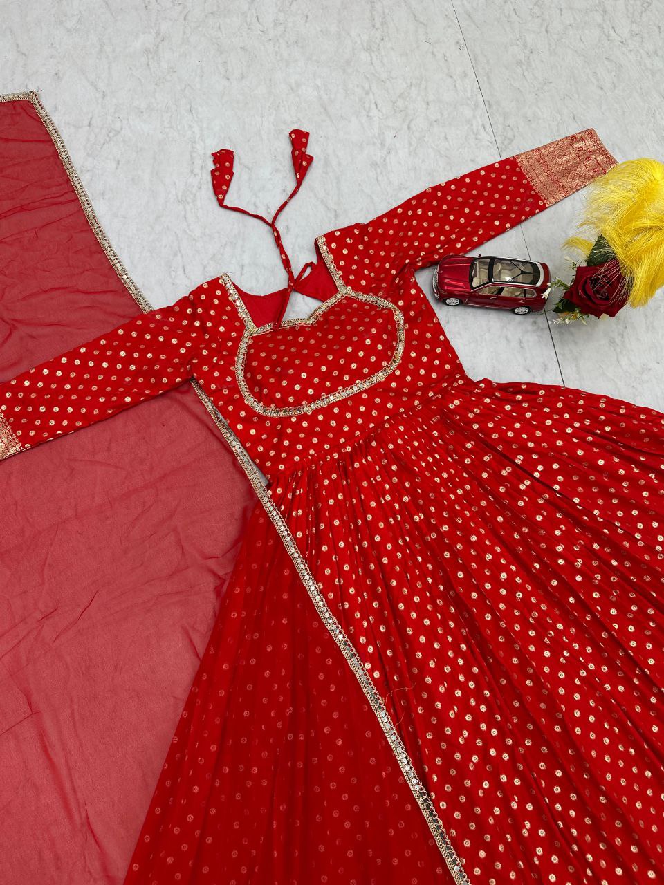 Elegant New Jacquard Gown with Fox Georgette Dupatta – Fully Stitched, Comfortable Fit