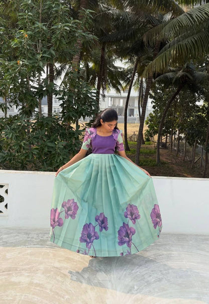 Elegant Floral Printed Silk Gown – Add a Glamorous Touch to Your Festive Wardrobe