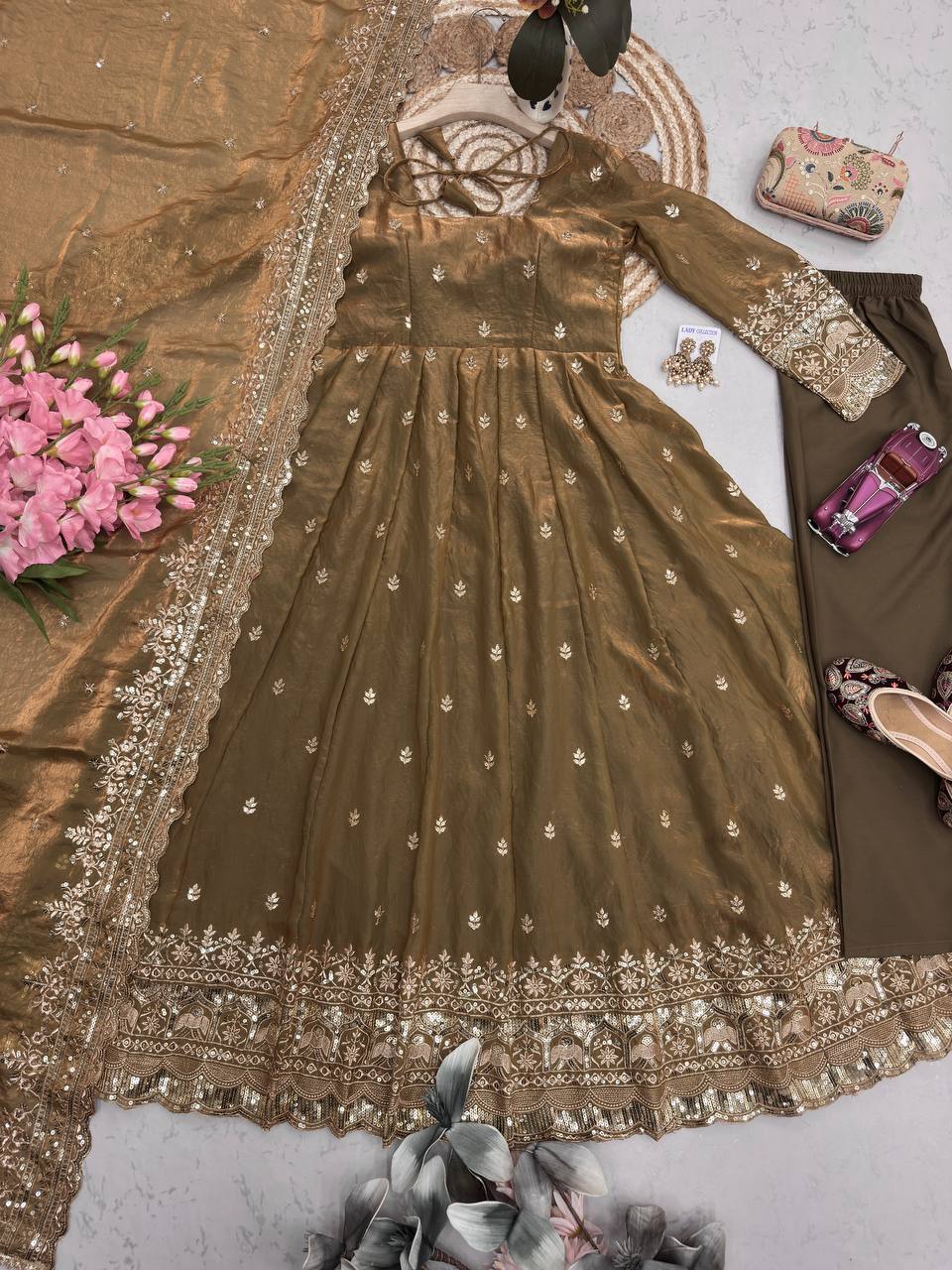 RangBhoomi Designer Embroidered Party Gown with Dupatta & Pant — Heavy Fandy Silk, 17 Colours