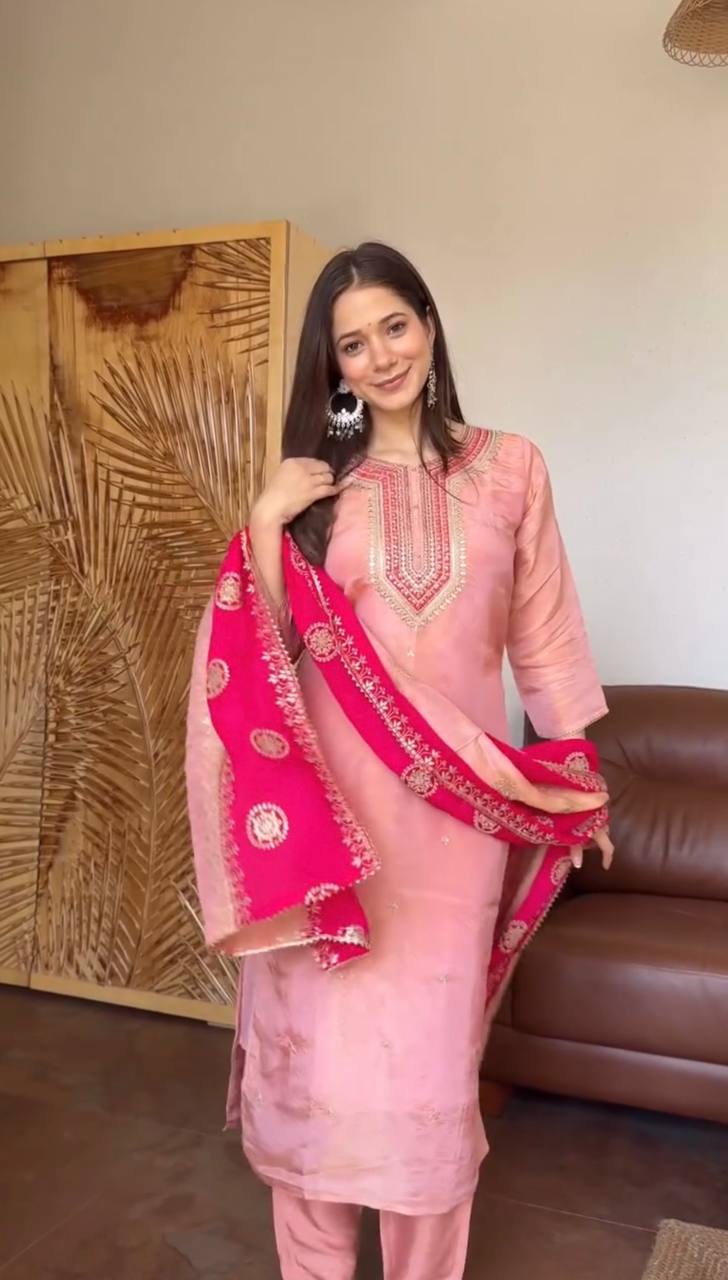 Women's Ethnic Wear: Elegant Embroidered Fendy Silk Suit Set with Dupatta, Fully Stitched and Ready to Wear