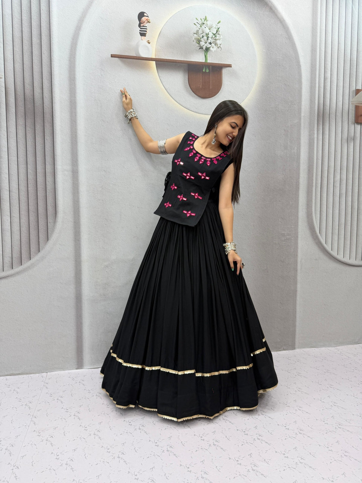RangBhoomi Navratri Special Rion Cotton Lehenga Choli with Mirror Jacket - Fully Stitched, 6m Flair