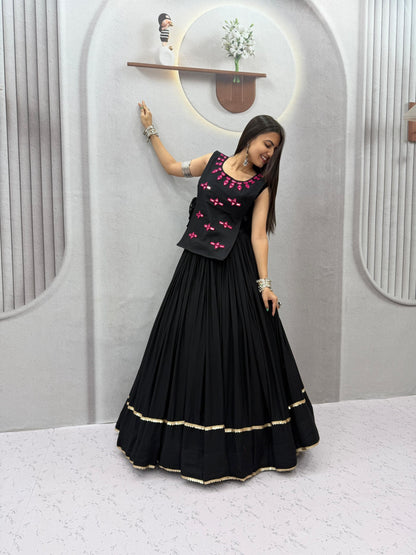 RangBhoomi Navratri Special Rion Cotton Lehenga Choli with Mirror Jacket - Fully Stitched, 6m Flair