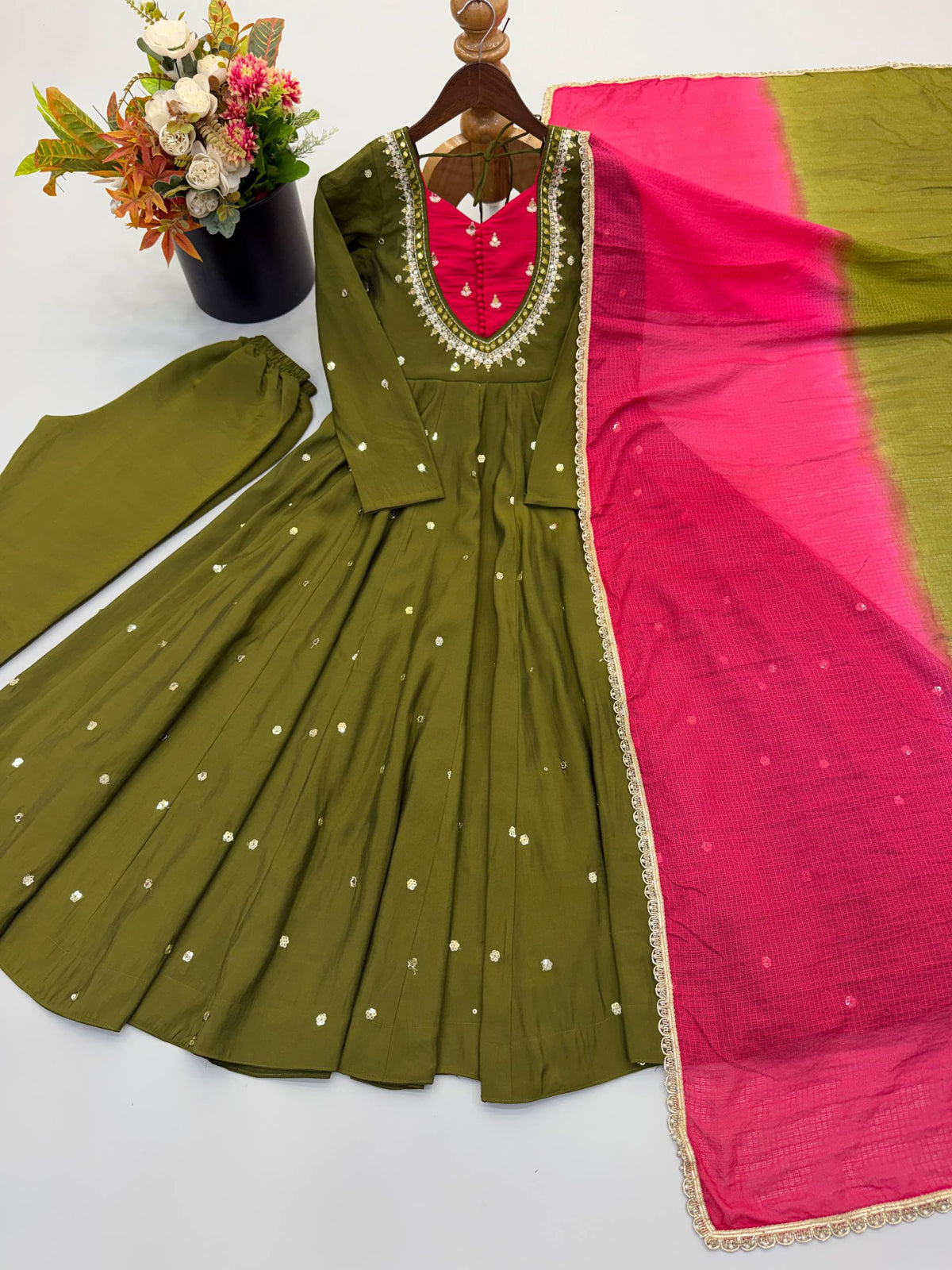 RangBhoomi Roman Silk Anarkali Set with Mirror Embroidery & Kota Chexs Dupatta - Ready-to-Wear