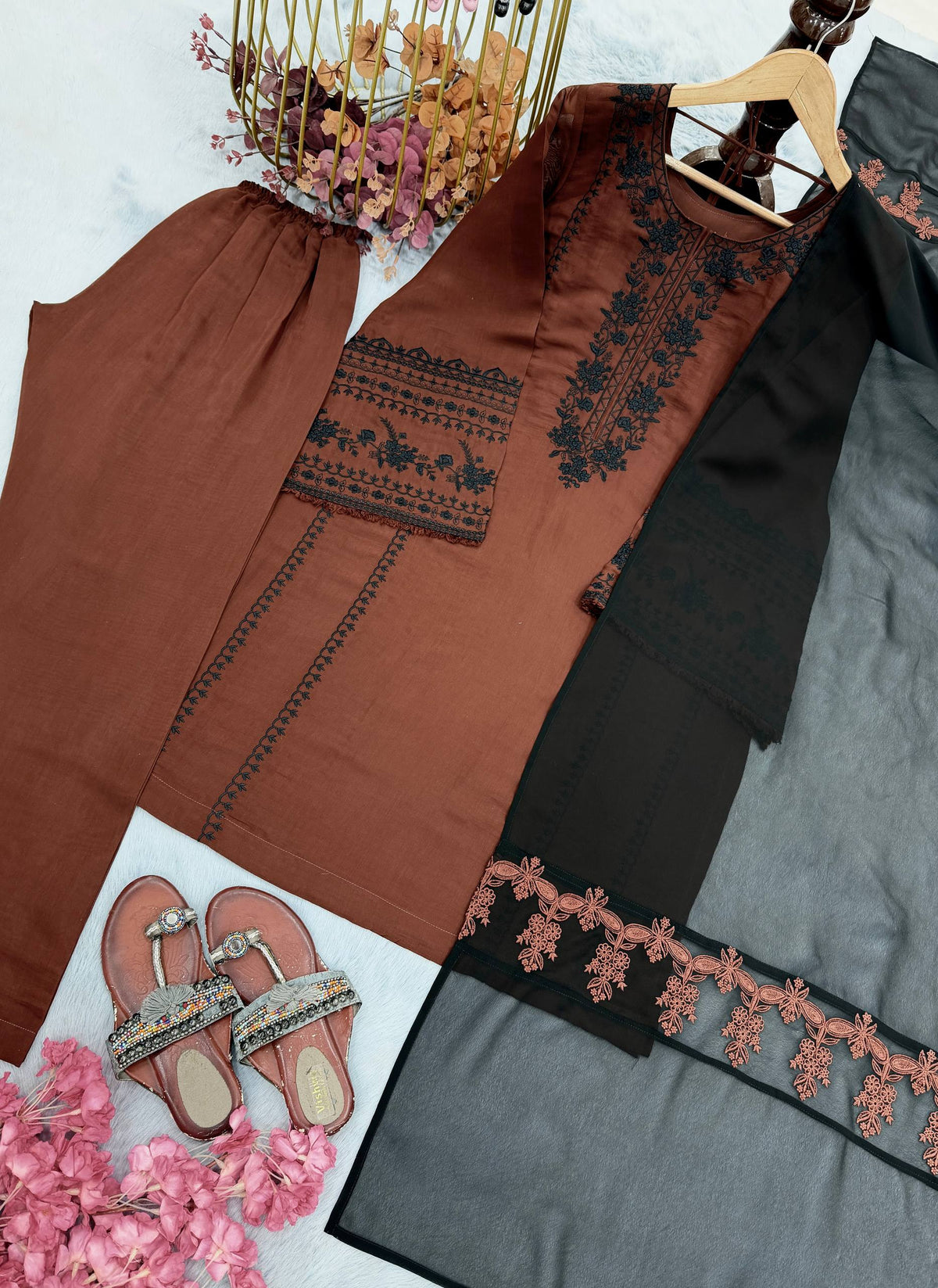 RangBhoomi Designer Party Wear Pur Roman Silk Top & Bottom Set with Heavy Georgette Dupatta