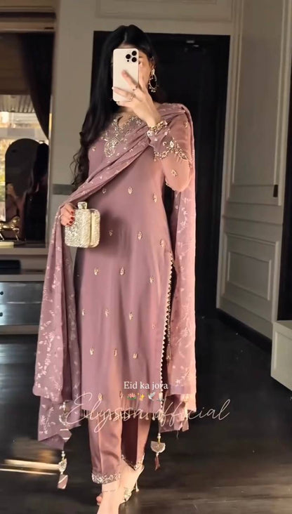Embroidered Sequined Faux Georgette Top, Bottom, and Dupatta Set – Fully Stitched and Ready to Wear