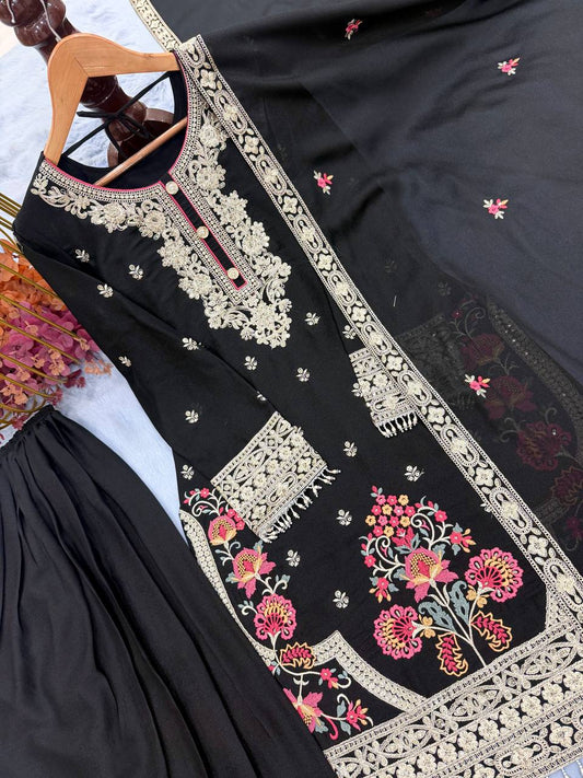 RangBhoomi Heavy Star Georgette Embroidered Party Top, Plazzo & Dupatta Set
