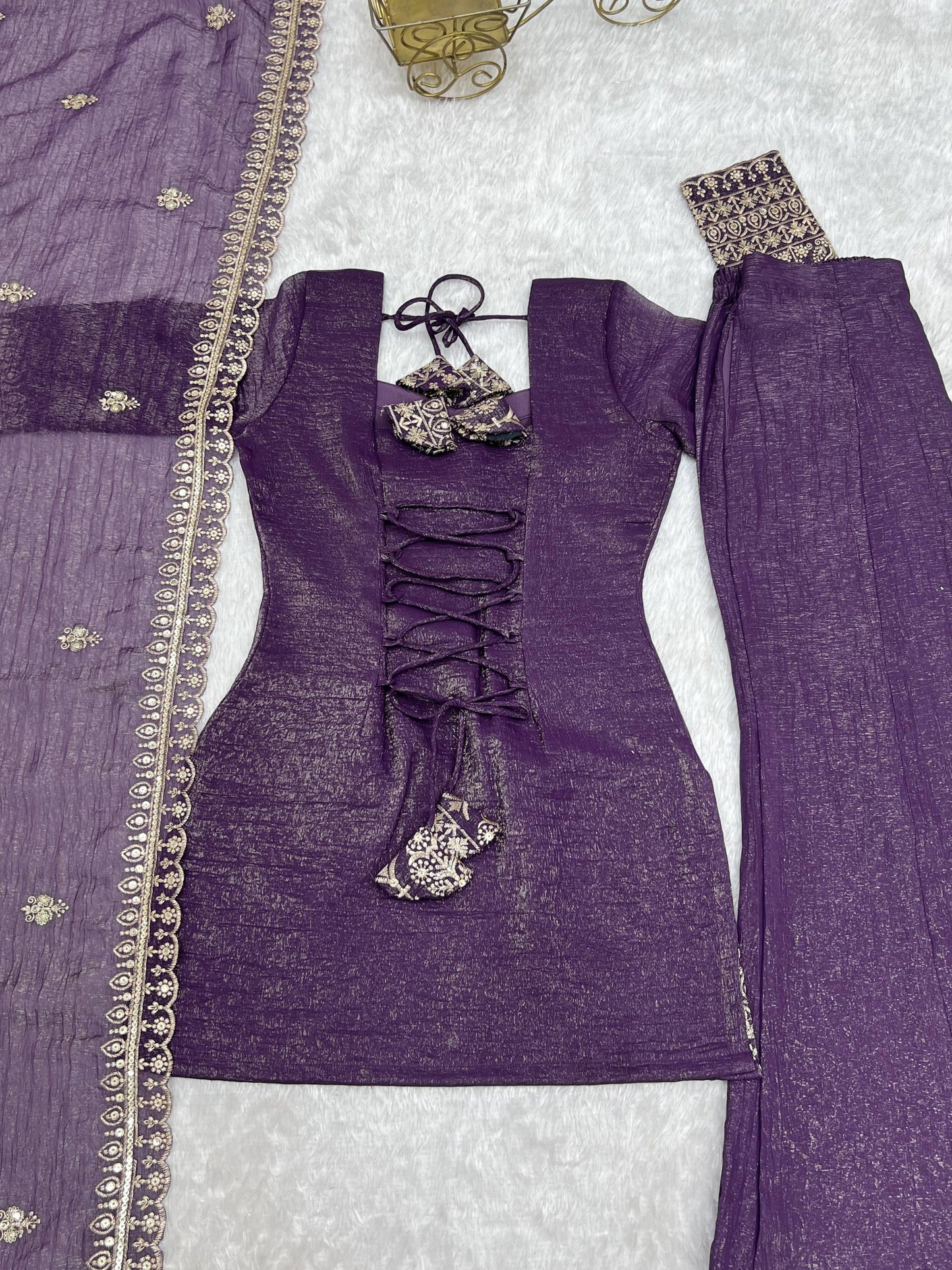Elegant Ready-to-Wear Crunchy Silk Ensemble with Embroidered Sequences, Jari Detailing, Dupatta, and Bell-Bottom Pants