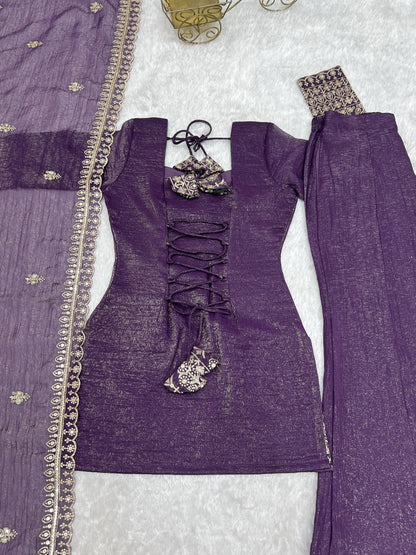 Elegant Ready-to-Wear Crunchy Silk Ensemble with Embroidered Sequences, Jari Detailing, Dupatta, and Bell-Bottom Pants