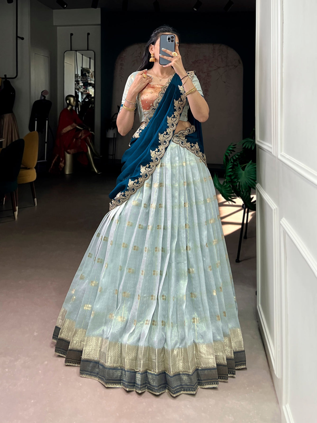 Woven Grace Embroidered Lehenga Set with Royal Paithani Borders and Elegant Pastel Hues