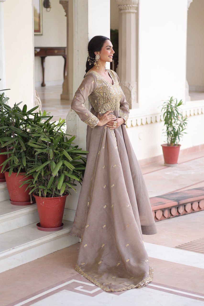 RangBhoomi Premium Ready-Made Gown and Dupatta Set with Elegant Gold Embroidery