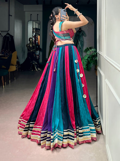 RangBhoomi Navratri Collection 2026 Multicolor Chinon Lehenga with Zari Blouse & Tassel Details