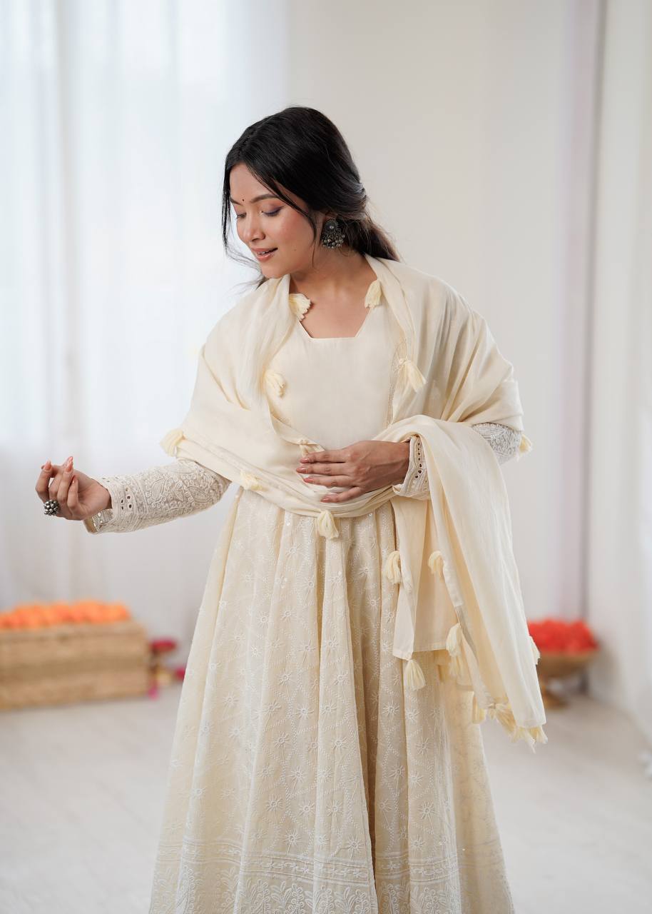 Elegant Anarkali Gown Set with Bottom and Dupatta – Pure Kora Cotton, Fully Stitched, Ready to Wear