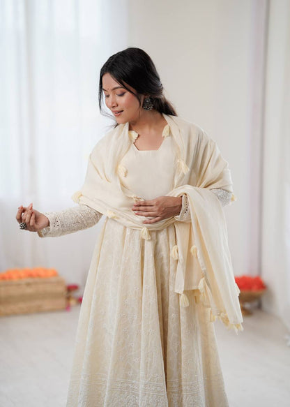 Elegant Anarkali Gown Set with Bottom and Dupatta – Pure Kora Cotton, Fully Stitched, Ready to Wear