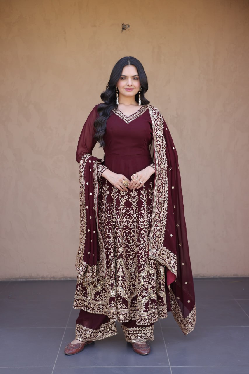 RangBhoomi Premium Readymade Gown with Pant & Dupatta Set - Embroidered Faux Blooming Festive Ensemble