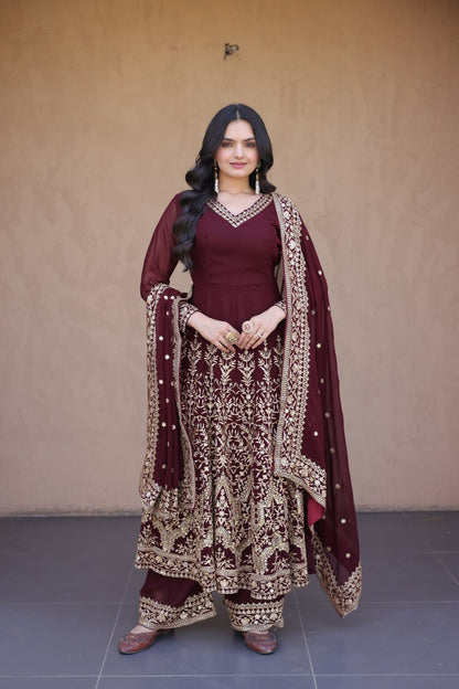 RangBhoomi Premium Readymade Gown with Pant & Dupatta Set - Embroidered Faux Blooming Festive Ensemble