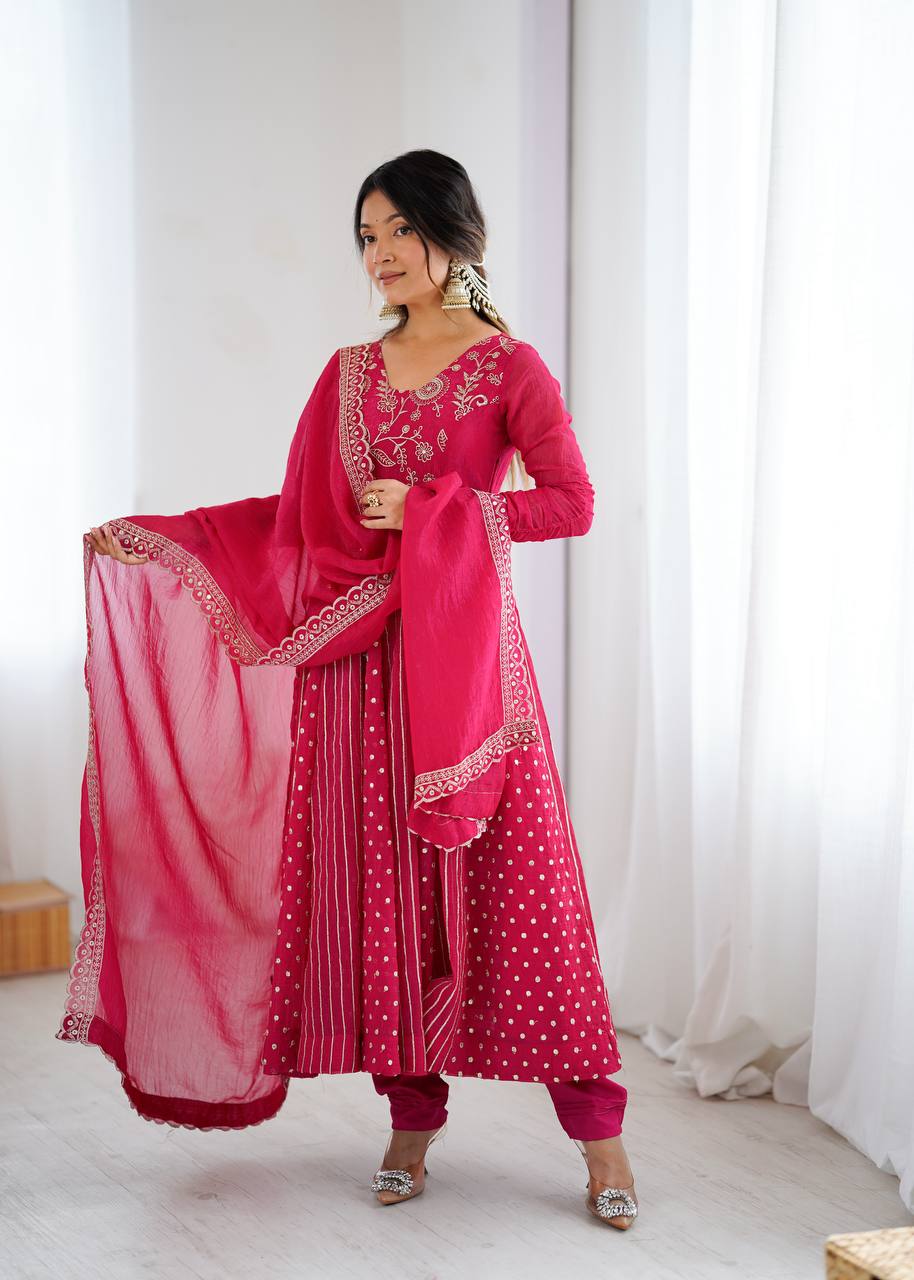Festive Ready-to-Wear Fully Stitched Anarkali Gown Set with Embroidered Sequins and Lace-Trimmed Dupatta