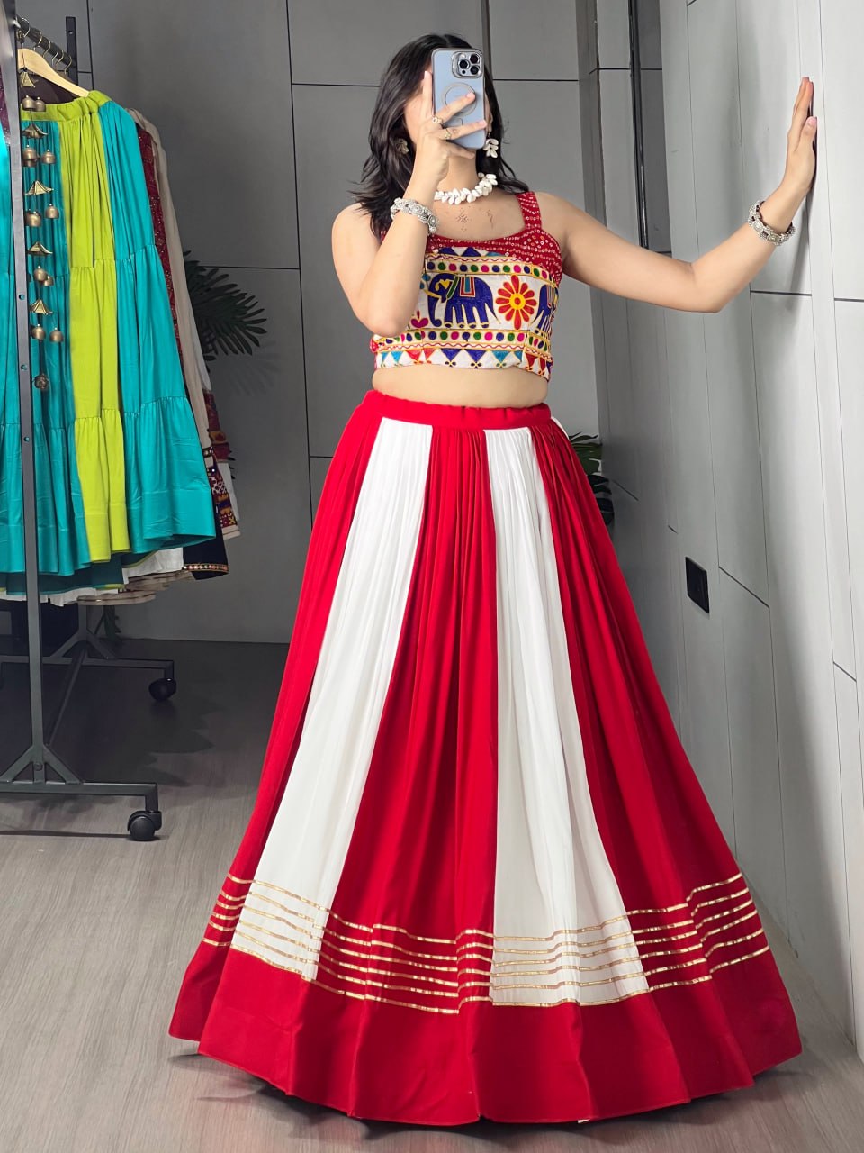 RangBhoomi Red & White Chaniya Choli Set — Festive Garba Lehenga (Pure Rayon Cotton, Fully Stitched)