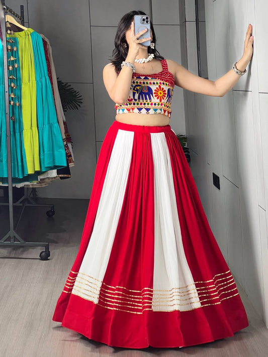 RangBhoomi Red & White Chaniya Choli Set — Festive Garba Lehenga (Pure Rayon Cotton, Fully Stitched)