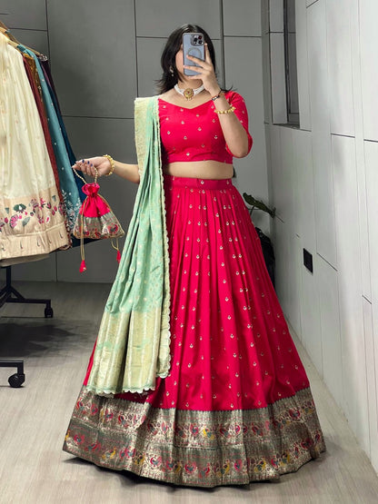 Elegant Paithani Silk Lehenga Choli with Vibrant Colorful Motifs and Iconic Zari Border
