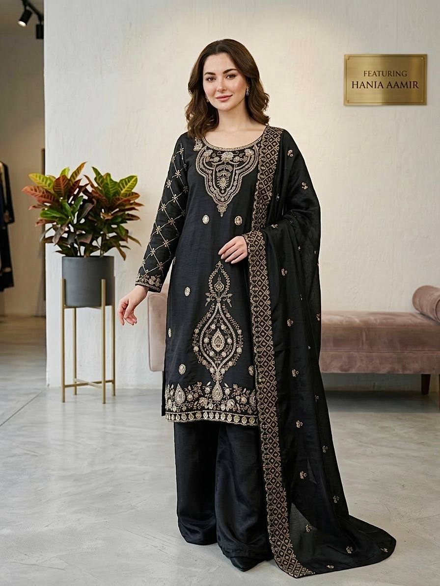 Elegant Designer Party Wear Top, Palazzos, and Dupatta Set with Intricate Heavy Embroidery and Beaded Detailing