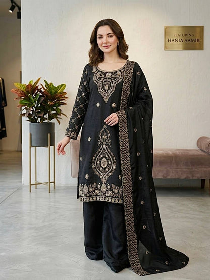 Elegant Designer Party Wear Top, Palazzos, and Dupatta Set with Intricate Heavy Embroidery and Beaded Detailing