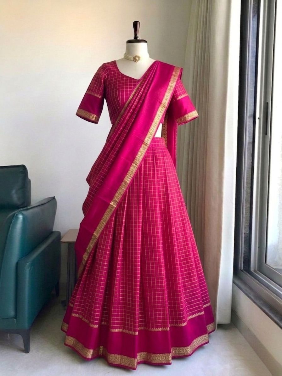 Elegant Pure Viscose Georgette Lehenga Choli Set with Zari Weaving and Hand-Dyed Chex Pattern