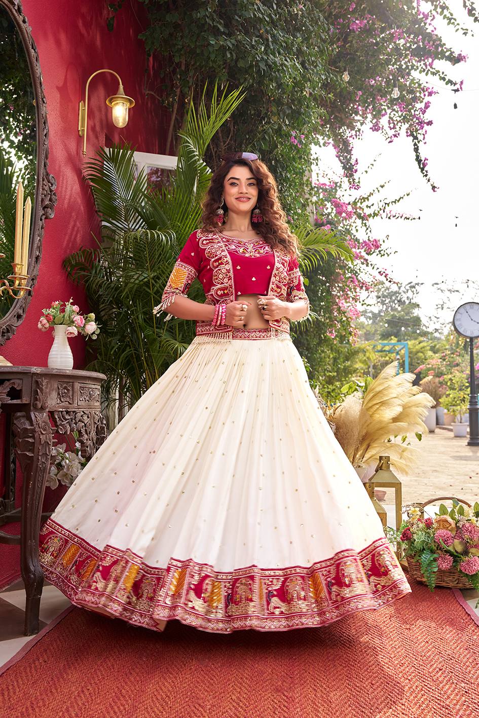 RangBhoomi Elegant Festival Lehenga Choli Set with Embroidered Koti – Pure Vichitra Fabric, Fully Stitched, Multiple Sizes