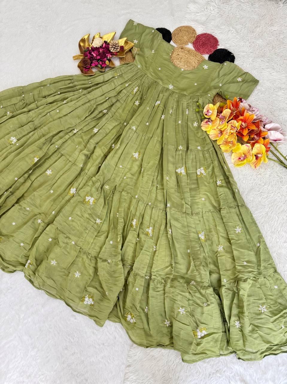 Elegant Floral Mull Cotton Chanderi Midi Gown for Summer – Embroidered, Fully Stitched, Available in Multiple Sizes