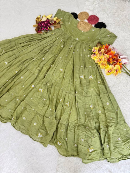 Elegant Floral Mull Cotton Chanderi Midi Gown for Summer – Embroidered, Fully Stitched, Available in Multiple Sizes