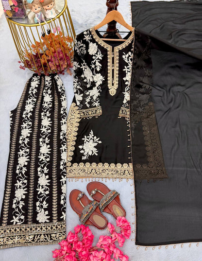 RangBhoomi Designer Party Wear Heavy Star Georgette Top, Plazzo & Dupatta Set